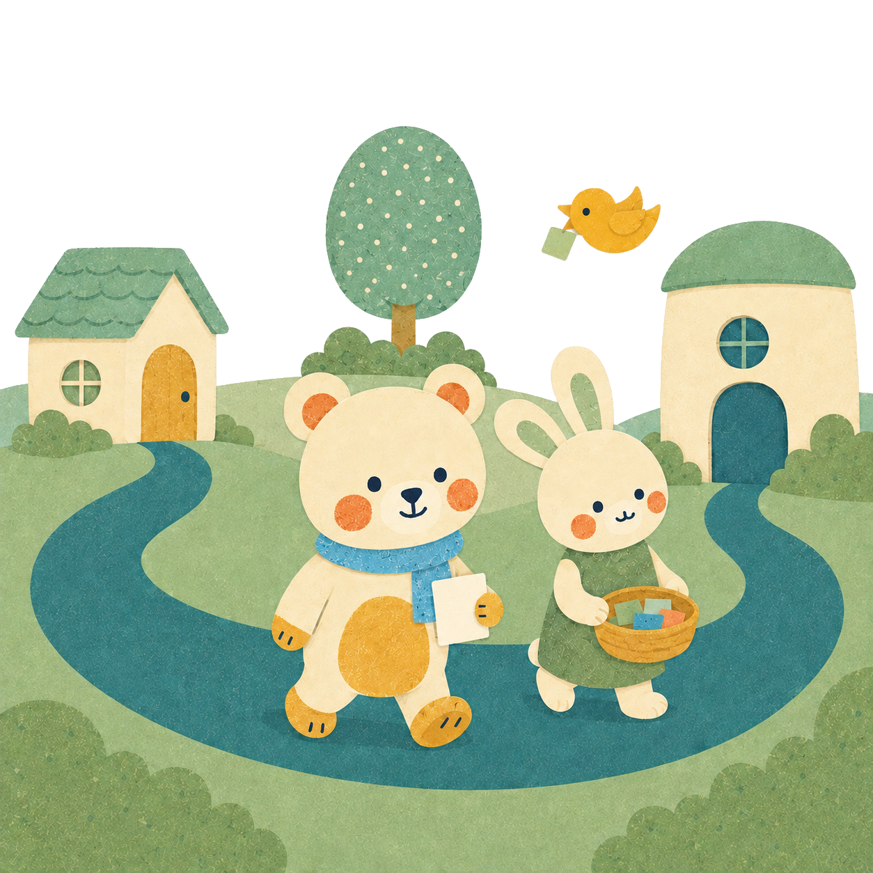 地域の建物と木々のそばで動物たちが集う場面